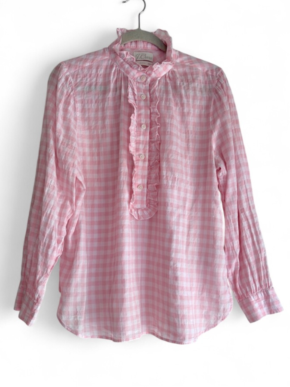 J. Crew Pink Gingham Ruffle High Neck Long Sleeve Cotton Blouse Size 14